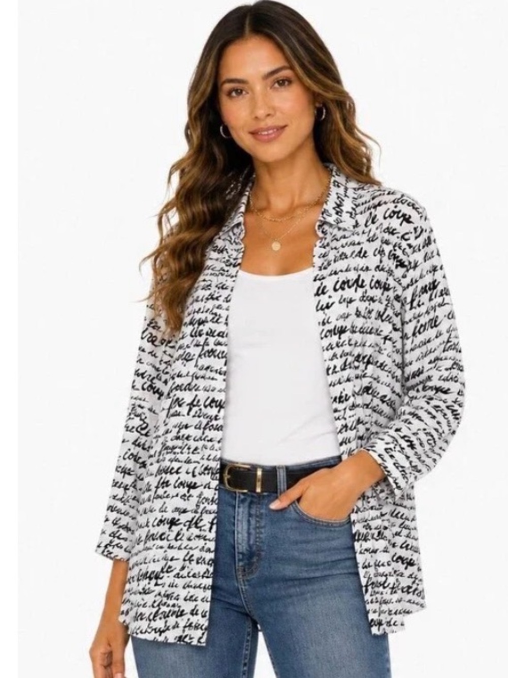 CHICO'S Le Coup de Foudre Love Blouse White Black Bell Sleeve size 1 = M